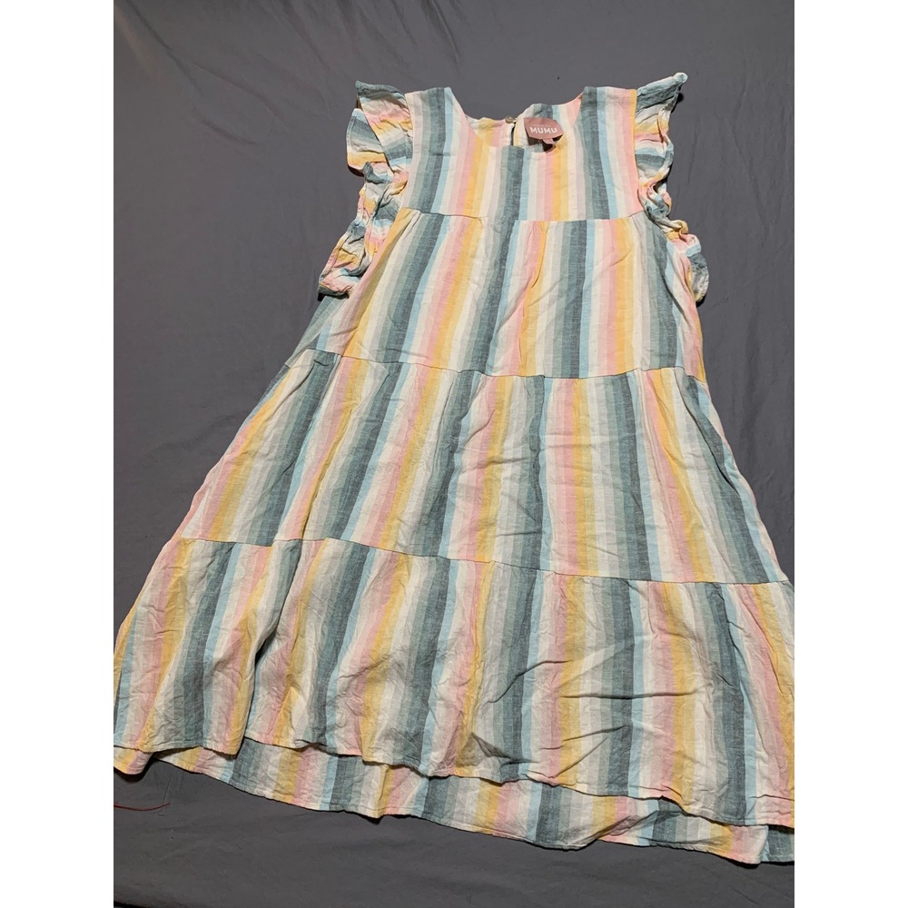 Show Me Your Mumu Daydream Mini Dress Large‎ Pastel Rainbow Stripe Linen Blend L